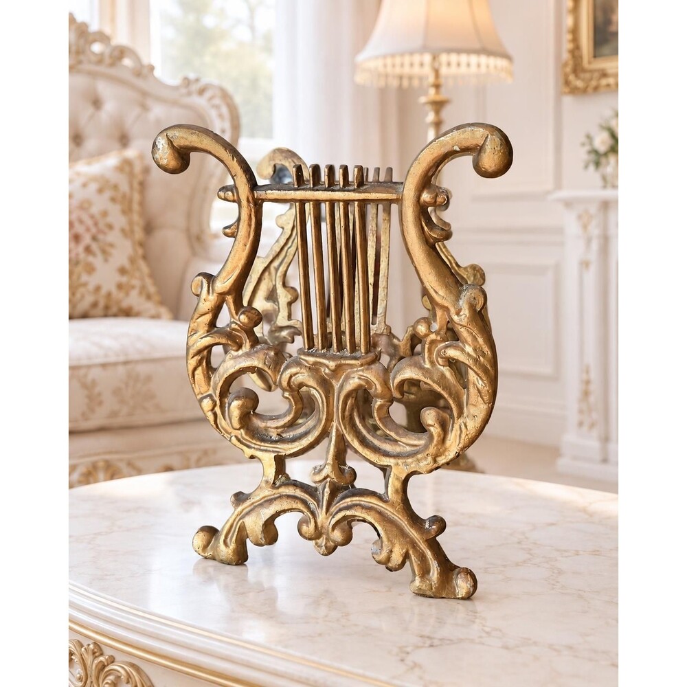 Vintage Cast Metal Lyre Magazine Rack Gold Tone Victorian Baroque 11”